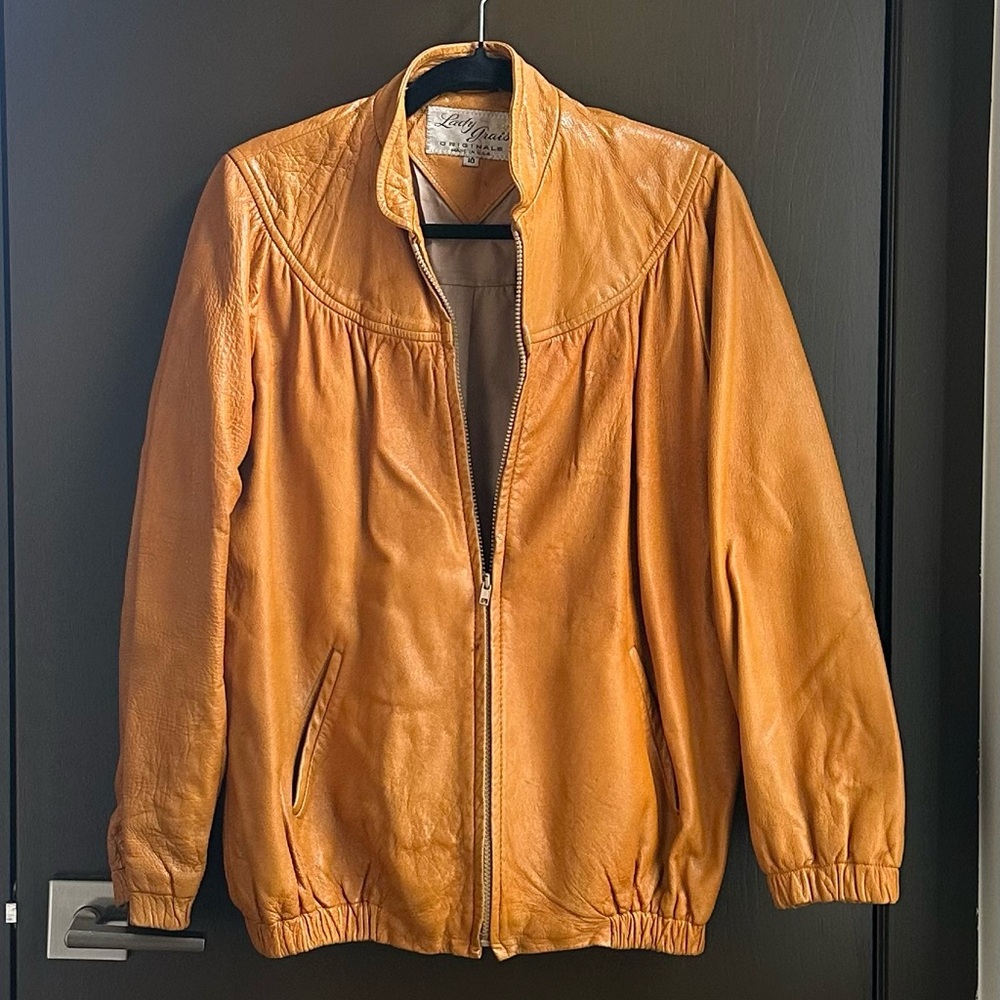 Vintage Lady Grais Leather Jacket Tan Brown Zip Front Size Medium